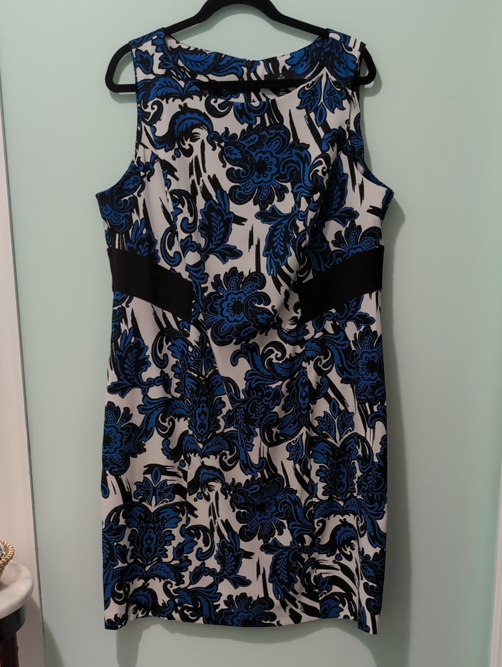 Ronni Nicole White Dress with Blue Floral Print and Black Panels